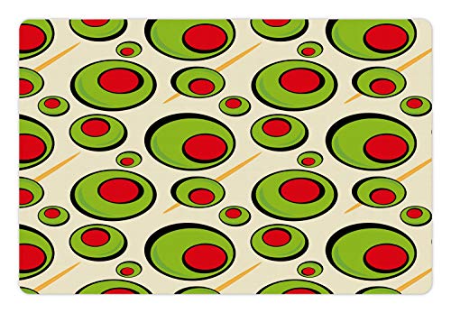 Lunarable Vintage Haustiermatte für Futter und Wasser, wiederholtes Muster Oliven mit Zahnstochern für Cocktail Martini, rutschfeste Gummimatte für Hunde und Katzen, 45,7 x 30,5 cm, Creme Lime von Lunarable