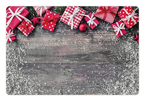 Lunarable Weihnachts-Haustiermatte für Futter und Wasser, Schnee und Geschenkboxen in Weihnachtsfarben mit Tannenzweigen, rutschfeste Gummimatte für Hunde und Katzen, 45,7 x 30,5 cm, Rosa / Grau von Lunarable
