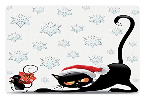 Lunarable Weihnachts-Haustiermatte für Futter und Wasser, mürrische Katze und Maus mit Weihnachtsmannhut, Cartoon-Schneeflocken-Hintergrund, Noel, humorvoll, rechteckig, rutschfeste Gummimatte für Hunde und Katzen, mehrfarbig von Lunarable