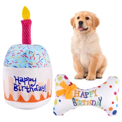 2 Stück Hund Geburtstag Spielzeug Set, Hundespielzeug Geburtstag Hund Weiches, Dauerhaft Hunde Geburtstags Plüschtier, EIN Geburtstagsgeschenk für Kleine und Mittlere Hunde (Kuchen und Knochen) von Lunza