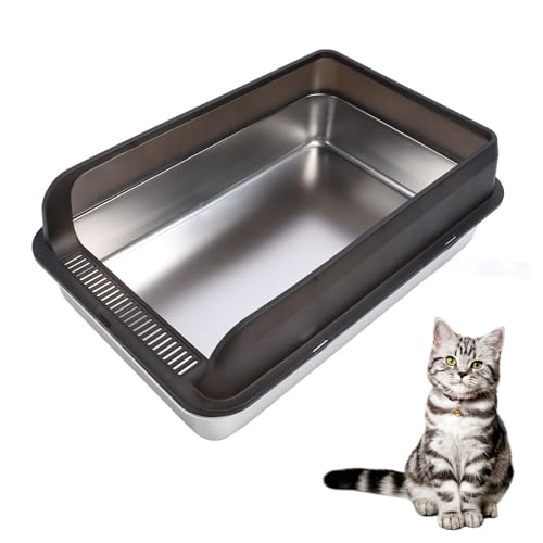 XL Edelstahl Hochseitiger Katzentoilette, Metallkatze Katzentoilette mit Deckel und Schaufel, Leicht zu Reinigende, Halb Geschlossene Seiten für Große (L 12 Zoll 144 Auslasslöcher) von Luocute