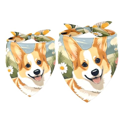 Hundehalstuch, Corgi, Gänseblümchen, Dreieckstuch für kleine, mittelgroße und große Hunde und Katzen, Haustierhalstuch, Dreieckstuch, Lätzchen, 2 Stück von Luoweisi