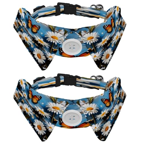 Verstellbare Fliege für Hunde und Katzen, Gänseblümchen, Schmetterlinge auf blauem Planke, bequem, langlebig, mit Glöckchen, für kleine Hunde, Katzen, Kätzchen, Welpen, 2 Stück von Luoweisi