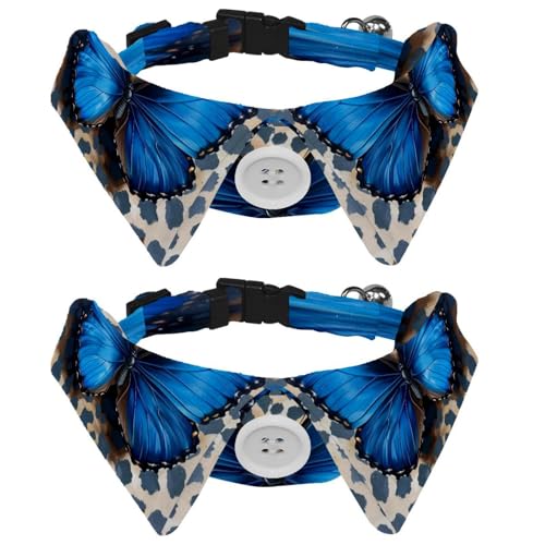 Verstellbare Fliege für Hunde und Katzen, blauer Schmetterling auf Leopardenmuster, bequem, langlebig, mit Glöckchen, für kleine Hunde, Katzen, Kätzchen, Welpen, 2 Stück von Luoweisi