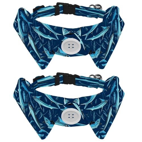 Verstellbare Fliege für Hunde und Katzen, blaues Schwertfisch-Muster, bequem, langlebig, mit Glöckchen, für kleine Hunde, Katzen, Kätzchen, Welpen, 2 Stück von Luoweisi