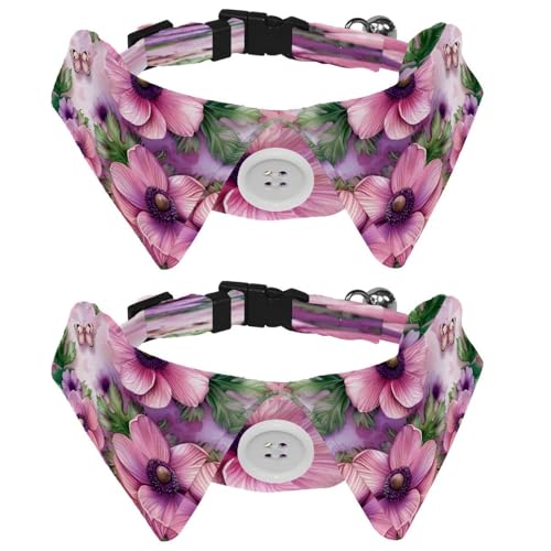 Verstellbare Fliege für Hunde und Katzen, rosa Anemonen-Blumen, bequem, langlebig, mit Glöckchen, für kleine Hunde, Katzen, Kätzchen, Welpen, 2 Stück von Luoweisi