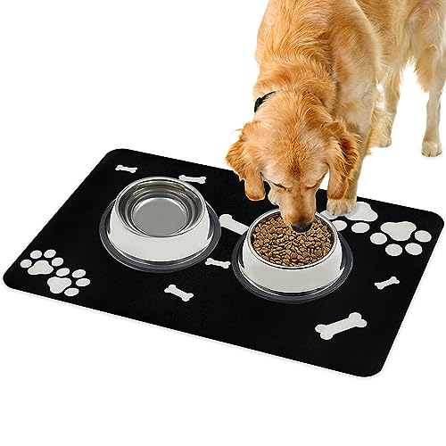 Lurowo Futtermatte für Haustiere, super saugfähig, für Hunde und Katzen, mit rutschfester Gummi-Unterseite, schnell trocknend, waschbar, Hundenapf-Matte für Böden, 40 x 60 cm, Knochenpfotenmuster, von Lurowo