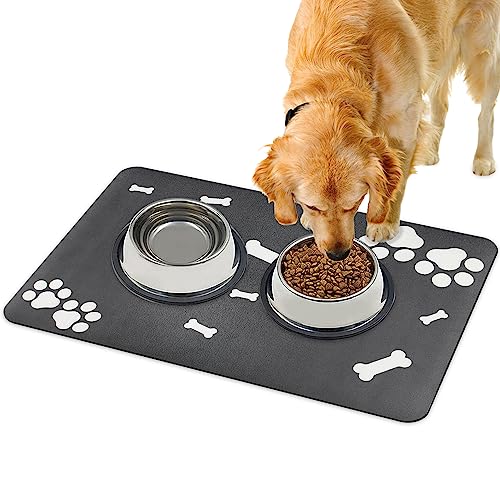 Lurowo Futtermatte für Hunde und Katzen, super saugfähig, mit rutschfester Gummi-Unterseite, schnell trocknend, waschbar, Napfunterlage für Böden (Knochenpfotenmuster, Dunkelgrau, 43 x 75 cm) von Lurowo
