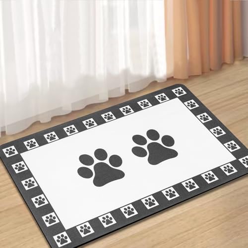 Lurowo Futtermatte für Haustiere, super saugfähig, für Hunde und Katzen, mit rutschfester Gummi-Unterseite, schnell trocknend, waschbar, Napfunterlage für Böden (mehrere Hundepfoten, 40 x 60 cm) von Lurowo
