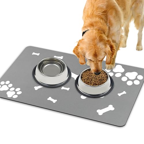 Lurowo Futtermatte für Hunde, schnell trocknend, super saugfähig, waschbar, rutschfeste Napfunterlage für Hunde und Katzen, 43 x 75 cm (Knochenpfotenmuster) von Lurowo
