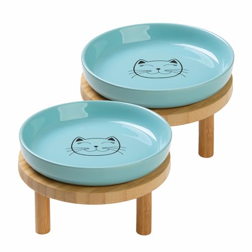 Lusifaco Flache erhöhte Katzennäpfe, 15 cm breit, erhöhter Keramik-Katzennapf mit Bambusständer, Schnurrhaarfreundlich, Wasser- oder Futterteller, Futterstation für Hauskatzen, Kätzchen, Blau, 2 Stück von Lusifaco