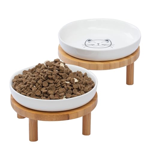 Lusifaco Keramik Katzennapf Erhöht, 15 cm Breite, Erhöhter Katzennapf aus Keramik mit Bambusständer, Schnurrhaarfreundliche Katzen Futternapf, Futterstation Katze, Fressnapf Kätzchen(weiß,2 Stück) von Lusifaco