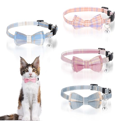 4er-Pack Katzenhalsband Mit Abreißverschluss Weiches Cat Collar Katzen Halsbänder Mit Glöckchen Fliege Verstellbare Karomuster Halsband Katze Mit Schleife Für Katzen Kätzchen Und Kleine Haustiere von Lusofie