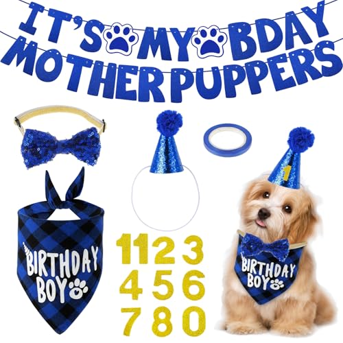 Hunde-Geburtstags-Halstuch, Geburtstagsmütze für Jungen, Geburtstagsbanner, Fliege, Geburtstagszahlen, It's My Bday Mother Puppers, Schild für kleine, mittelgroße Hunde (blau) von Lusofie