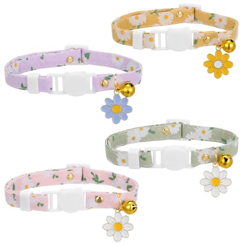 Katzenhalsband, verstellbar, niedlich, verbessert, doppellagig, mit Glocke und Blumen-Anhänger, Kätzchen-Halsband, Zubehör für Mädchen und Jungen, 4 Stück (Gelb, Lila, Grün und Rosa) von Lusofie