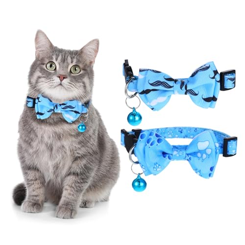 Katzenhalsband mit Glöckchen, blaues Katzenhalsband mit Fliege und Glockenschnalle, verstellbare Fliege, Kätzchenhalsband, Zubehör für Welpen, Katzen und kleine Haustiere, 2 Stück von Lusofie