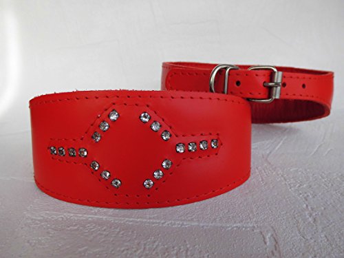 Greyhound WINDHUND Halsband, Halsumfang 36-42cm, Leder +Strass Steine Zirkonia ROT (20-5-5-45) von Lusy011