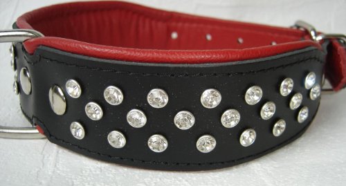 Lusy011 Exklusiv Hunde Halsband, Leder + Kristallen, Halsumfang 33-41cm, Schwarz Rot (PL.2.10.15.40) von Lusy011