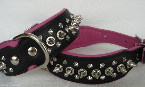 Lusy011 Hunde Halsband - Halsumfang 33-41cm/40mm, Leder+Nieten Schwarz-PINK (PL.312/13.68) von Lusy011