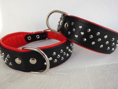 Leder Halsband - Hundehalsband, Nieten, Halsumfang 44-51cm, SCHWARZ -ROT, NEU (17.6.11.62) von Lusy011