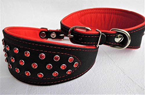 WINDHUND Greyhound Halsband, Halsumfang 26-32cm/50mm, Leder + Kristallen Schwarz-ROT (963) von Lusy011