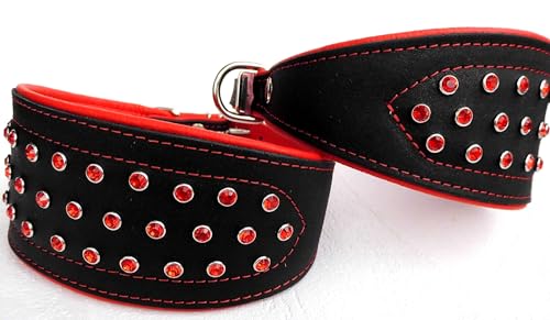 WINDHUND Podenco Greyhound Halsband, Halsumfang 39-46cm/70mm, Leder +Kristallen ROT von Lusy011