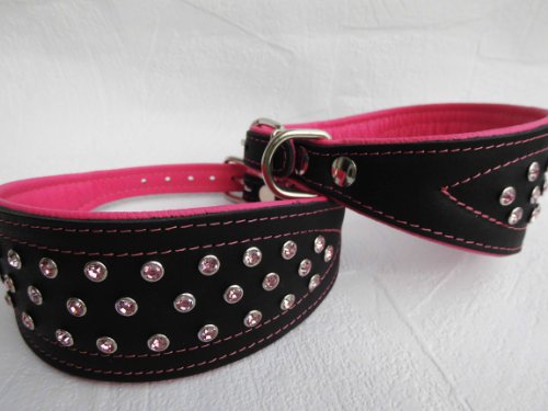 WINDHUND Halsband, Halsumfang 33-38cm/60mm, Leder +Kristalen ROSA (2.10.8.52) von Lusy011