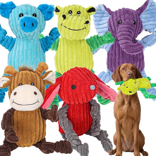 Quietschendes Hundespielzeug, lustiges Stofftier, robustes Hundespielzeug, interaktives Kauspielzeug für kleine, mittelgroße und große Hunde, Cord und geknotete Beine, 5 Stück von Luudoogs