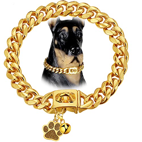 Hundehalsband mit goldfarbener Kette, kubanisches Gliederhalsband, goldfarben, 12 mm, mit sicherem Druckknopf, Glocke und Etikett, Edelstahl-Metallhalsband für kleine, mittelgroße Hunde (12 mm, 35,6 Hundehalsband mit goldfarbener Kette, kubanisches Gliederhalsband, goldfarben, 12 mm, mit sicherem Druckknopf, Glocke und Etikett, Edelstahl-Metallhalsband für kleine, mittelgroße Hunde (12 mm, 35,6 von LuxLife