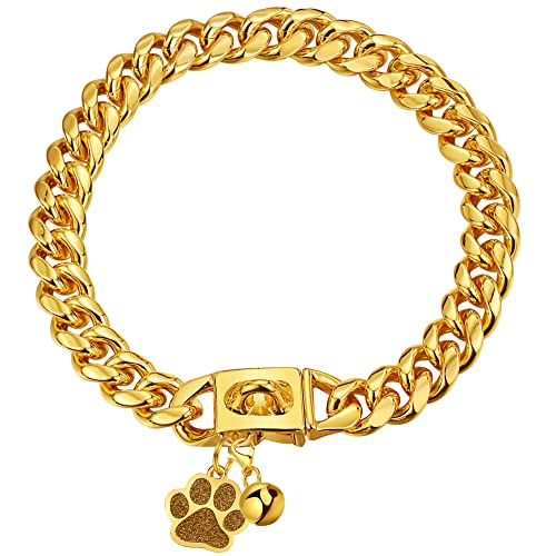 LuxLife Cuban Link Hundehalsband, Goldkette, 12 mm, mit sicherer Schnappschnalle, 18 Karat Gold, Hundehalsband, Metall, Edelstahl, mit Erkennungsmarke und Glöckchen, für Welpen, kleine, mittelgroße LuxLife Cuban Link Hundehalsband, Goldkette, 12 mm, mit sicherer Schnappschnalle, 18 Karat Gold, Hundehalsband, Metall, Edelstahl, mit Erkennungsmarke und Glöckchen, für Welpen, kleine, mittelgroße von LuxLife