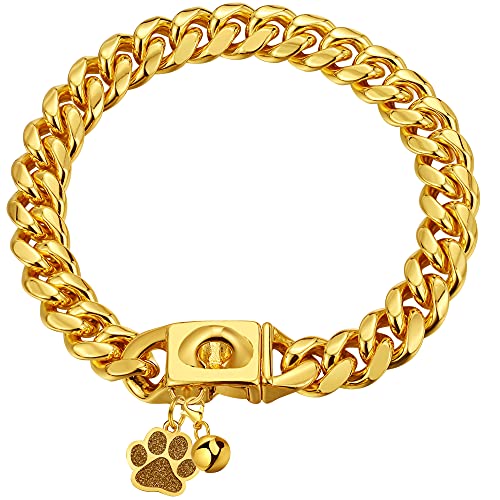 LuxLife Cuban Link Hundehalsband, goldfarben, 16 mm, mit Schnappschnalle, 18 Karat Gold, Edelstahl, Miami-Halsbänder für Welpen, kleine, mittelgroße und große Hunde, mit Erkennungsmarke und Glocke (61 LuxLife Cuban Link Hundehalsband, goldfarben, 16 mm, mit Schnappschnalle, 18 Karat Gold, Edelstahl, Miami-Halsbänder für Welpen, kleine, mittelgroße und große Hunde, mit Erkennungsmarke und Glocke (61 von LuxLife