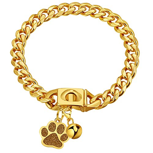LuxLife Gold Cuban Link Hundehalsband, 10 mm, Edelstahl und 18 Karat Gold, mit Schnappschnalle und Glöckchen, für kleine bis große Hunde (61 cm) von LuxLife