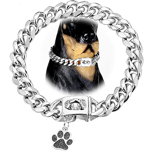LuxLife Hundehalsband, 12 mm, mit Erkennungsmarken-Schnalle, silberfarben, kubanische Glieder, Edelstahl, für Welpen, kleine, mittelgroße und große Hunde (25,4 cm) von LuxLife