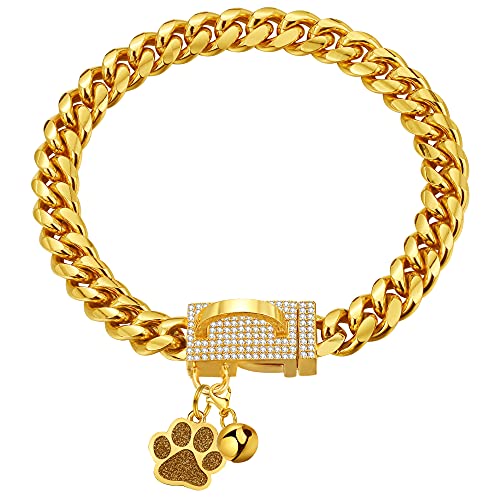 LuxLife Hundehalsband, goldfarben, 10 mm, kubanisches Glieder-Hundehalsband, Edelstahl, kubanisches Glieder-Hundehalsband mit Zirkonia-Schnalle, glitzernd, für Welpen, kleine, mittelgroße und große LuxLife Hundehalsband, goldfarben, 10 mm, kubanisches Glieder-Hundehalsband, Edelstahl, kubanisches Glieder-Hundehalsband mit Zirkonia-Schnalle, glitzernd, für Welpen, kleine, mittelgroße und große von LuxLife