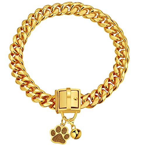 LuxLife Hundehalsband mit goldfarbener Kette, 14 mm, kubanisches Glied mit sicherer Schnappschnalle, 18 Karat Edelstahl, Metall, für Welpen, kleine, mittelgroße und große Hunde, Erkennungsmarke und LuxLife Hundehalsband mit goldfarbener Kette, 14 mm, kubanisches Glied mit sicherer Schnappschnalle, 18 Karat Edelstahl, Metall, für Welpen, kleine, mittelgroße und große Hunde, Erkennungsmarke und von LuxLife