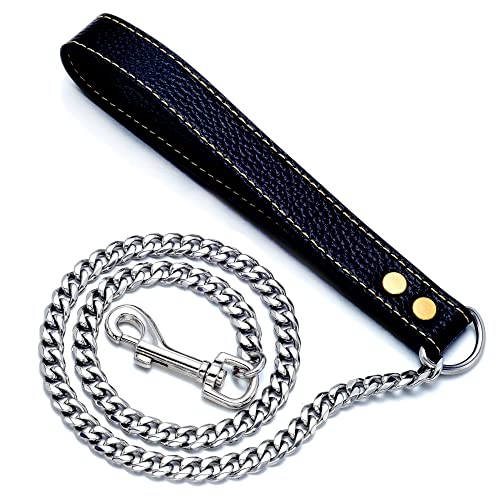 LuxLife Hundeleine, Edelstahl, 10 mm, kubanische Glieder-Hundeleine mit bequemem Echtledergriff, für Welpen, kleine, mittelgroße und große Hunde (S, 91 cm) von LuxLife