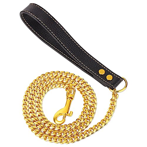 LuxLife Hundeleine, goldfarben, 91 cm, 18 Karat Gold, Edelstahl, 10 mm, kubanische Glieder-Hundeleine mit bequemem Echtledergriff, für Welpen, kleine, mittelgroße und große Hunde (G, 90 cm) von LuxLife