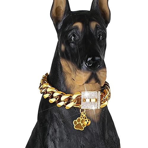 LuxLife Luxuriöses Designer-Hundehalsband, goldfarben mit CZ-Schnalle, 19 mm, kubanische Gliederkette, Metall, Hundehalsbänder für Welpen, kleine, mittelgroße und große Hunde, mit Erkennungsmarke und LuxLife Luxuriöses Designer-Hundehalsband, goldfarben mit CZ-Schnalle, 19 mm, kubanische Gliederkette, Metall, Hundehalsbänder für Welpen, kleine, mittelgroße und große Hunde, mit Erkennungsmarke und von LuxLife