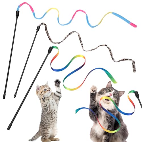 Luxiremi Katzenstab-Spielzeug-Set, buntes Stoffband, Regenbogen, Bandstäbe, Teaser, interaktiver Katzenstab, Spielzeug mit Regenbogenband für Haustier-Training von Luxiremi