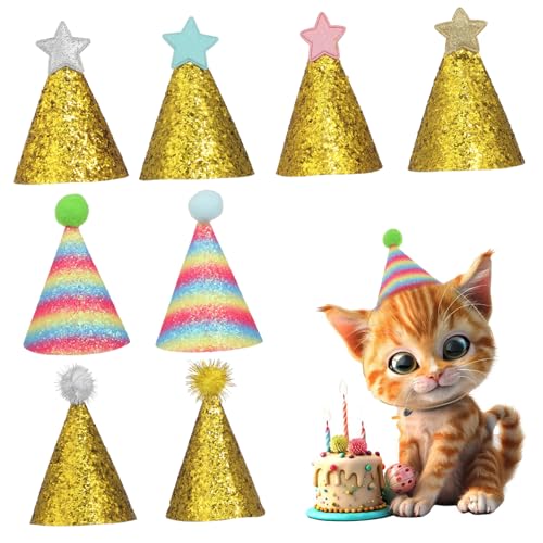 Luxshiny 8 Stück Teiliges Haustier Geburtstagsmützen mit Pompom Verstellbare Elastische Bänder Leichter Glitzernder Partyhut für Katzen und Hunde Bequemes und Universelles von Luxshiny