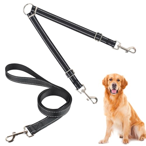 Luxvara Hundeleine für Zwei Hunde, Doppelleine für 2 Hunde, Verwicklungsfreier Doppel-Hundeleinen-Koppler, Reflektierende Hundeleine, Doppelte Hundeleine für Kleine Mittlere Hundes (Schwarz) von Luxvara