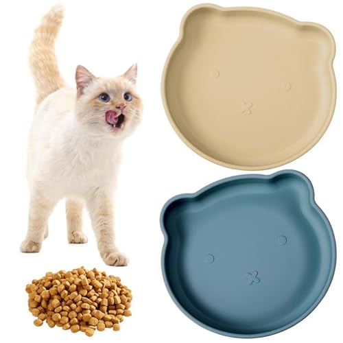 2 Stück Katzenschüsseln, Silikon-Katzenfutterschale für Nahrung und Wasser Kätzchen Platten Fütterer niedlich Anti-Rutsch-Katzenfutter-Schüssel-Station für Welpen kleinen Hund(Blau&Beige) von Lvefyti