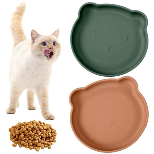 2 Stück Katzenschüsseln, Silikon-Katzenfutterschale für Nahrung und Wasser Kätzchen Platten Fütterer niedlich Anti-Rutsch-Katzenfutter-Schüssel-Station für Welpen kleinen Hund(Grün&Ziegelrot) von Lvefyti