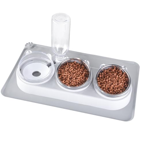 Futternapf Katze,3 in 1 erhöhte Katzennapf mit wasserdichter Haustiermatte Automatische Wasserflasche Ersatz Keramikschüssel Katzennahrung und Wasserspender Set(Schalen aus rostfreiem Stahl) von Lvefyti
