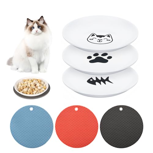 Lvefyti 3 Pack Katzennäpfe, Katzenfutterschale mit 3 Pack Silikontiernapfmatte Set Katze für Futter und Wasser Kätzchen Teller Fütterer Station Keramischer Weißer Hundenapf von Lvefyti