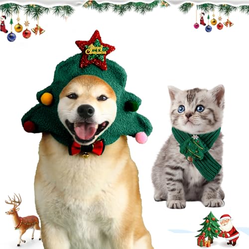 Lyneun 2PC Hund Weihnachtsmütze und Schal, Weihnachtshundekostüme Haustier, Einstellbar Weihnachtsbaum Weihnachtshundeschal für Kleine Mittlere und Große Hunde(Grün) von Lyneun