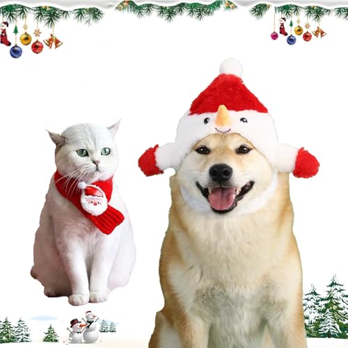 Lyneun 2PC Hund Weihnachtsmütze und Schal, Weihnachtshundekostüme Haustier, Einstellbar Weihnachtsmütze Weihnachtshundeschal für Kleine Mittlere und Große Hunde(Rot) von Lyneun