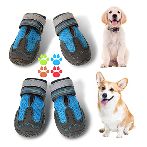 Lyneun 4 Stück Schuhe für Hunde, wasserdichte Hundeschuhe Pfotenschutz, Atmungsaktiv Pfotenschutz für Hunde, Sommer Hundeschuhe mit Rutschfester Sohle und reflektierendem für Outdoor von Lyneun
