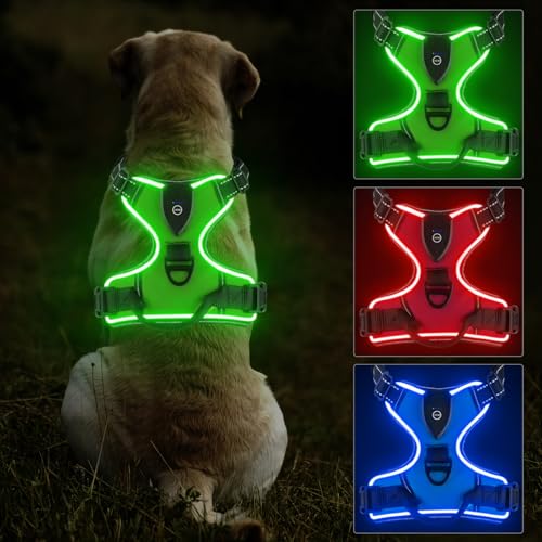 Lyneun Hundegeschirr Leuchtend Aufladbar, Atmungsaktiv Hundegeschirr mit Led Licht, Reflektierend Verstellbare Brustgeschirr mit Weicher Griff, 3 Beleuchtungs Modi Leuchtgeschirr für Hunde (Grün, M) von Lyneun
