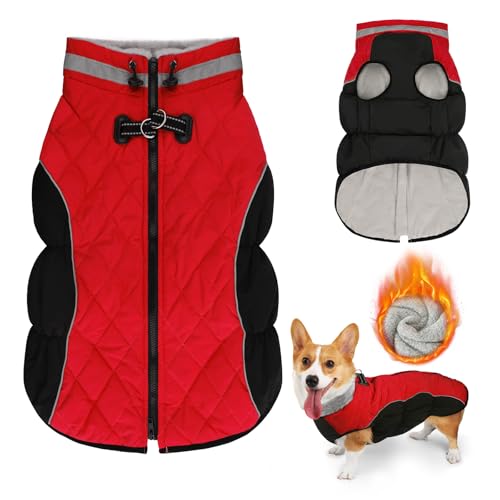 Lyneun Hundejacke Winter Wasserdicht, Warm Weich Winddicht Hundemantel mit Geschirr, Reflektierend Hunde Wintermantel mit Reißverschluss Verstellbarer Schnalle für Kleine Mittelere Hunde (Rot, XL) von Lyneun